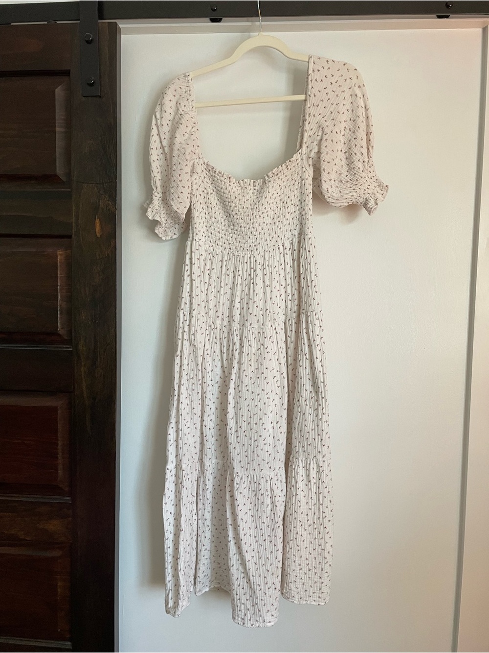 O.P.T Light Cream Floral Maxi Dress with Smocked Bodice 100% Cotton